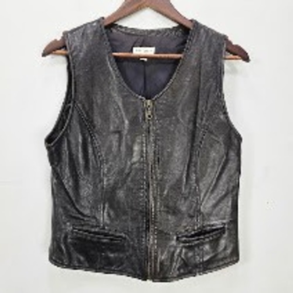 Vintage 90s Ann Taylor Zip Up Leather Vest S Brown Biker Distressed Pocket *Read